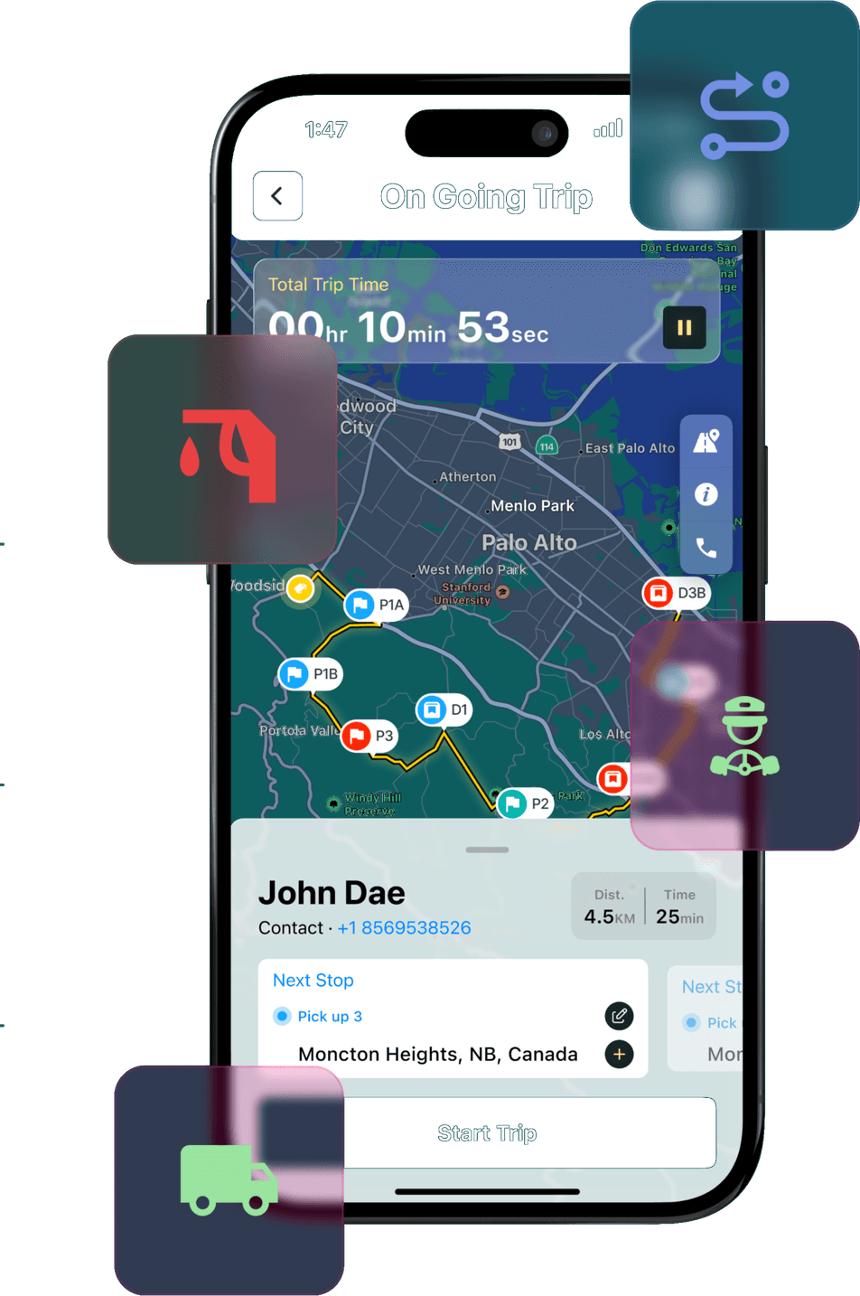 Crowsfly mobile app showing an ongoing trip with live map, route stops, and floating feature icons for fuel, navigation, and driver info